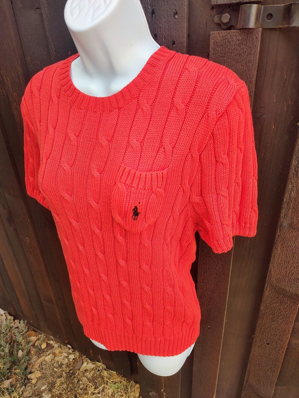 Ralph Lauren Beautiful Blood Orange Color Cable Knit Short Sleeve Crew Sweater